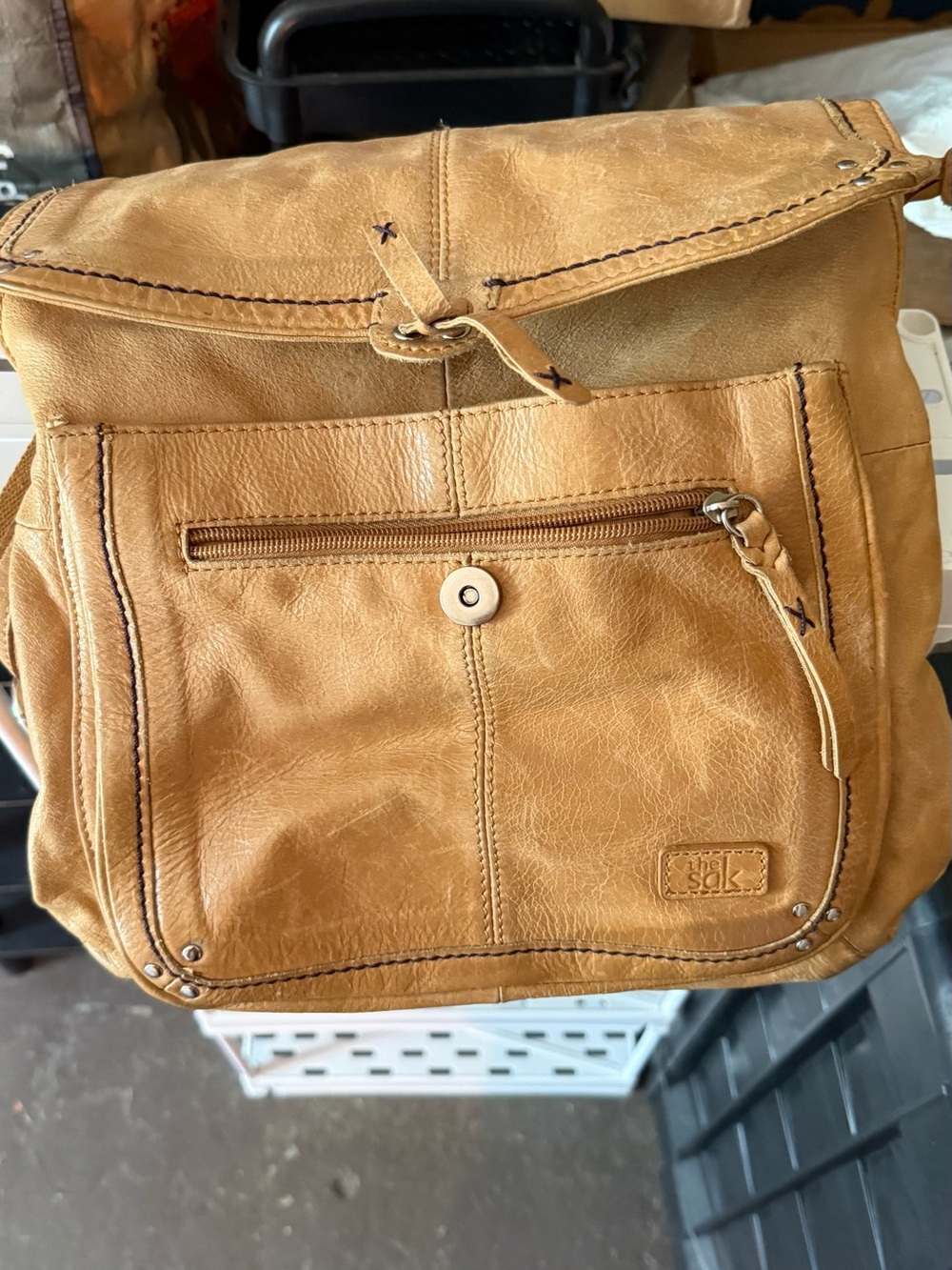 The Sak Camel Tan Leather Backpack with Front Zip Pocket